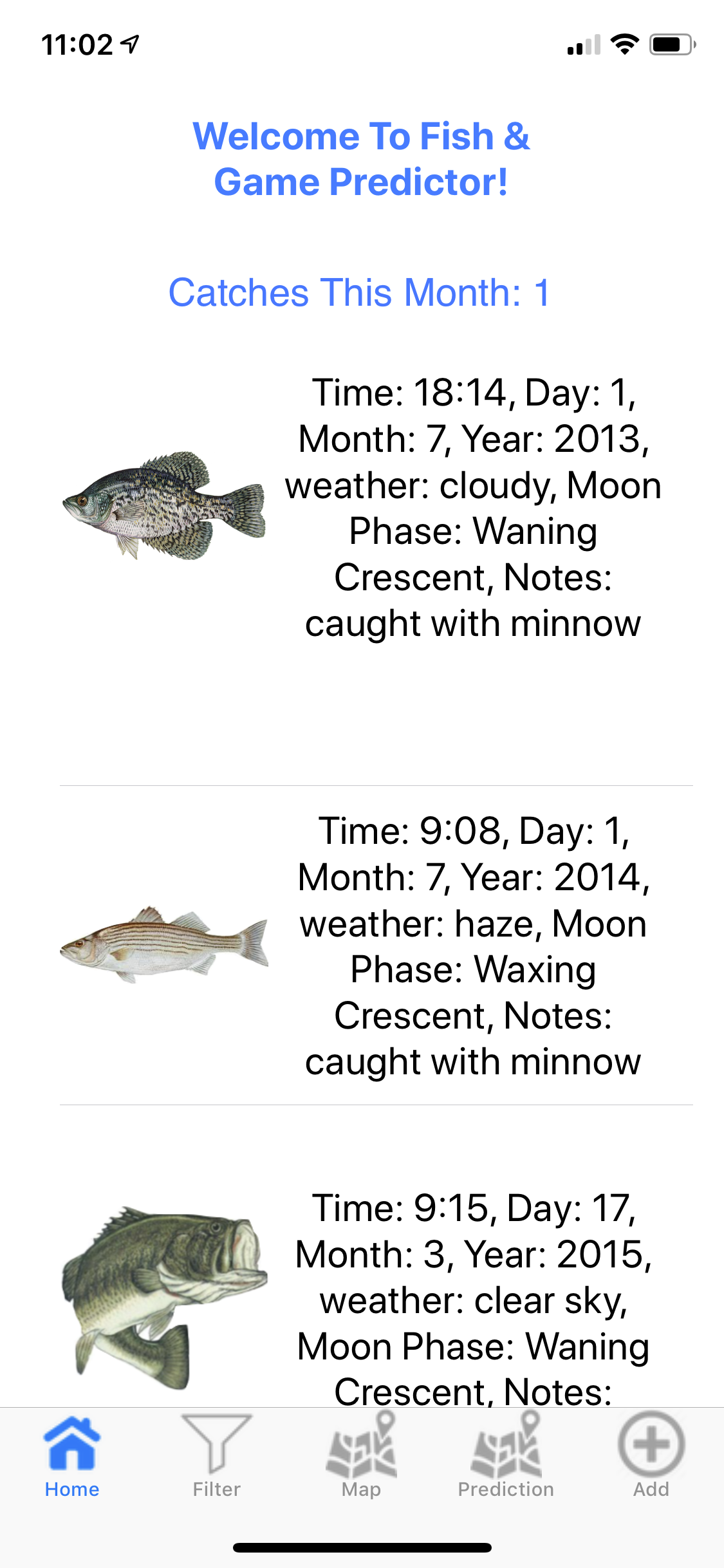 Fish & Game Predictor screenshot of initial view of app